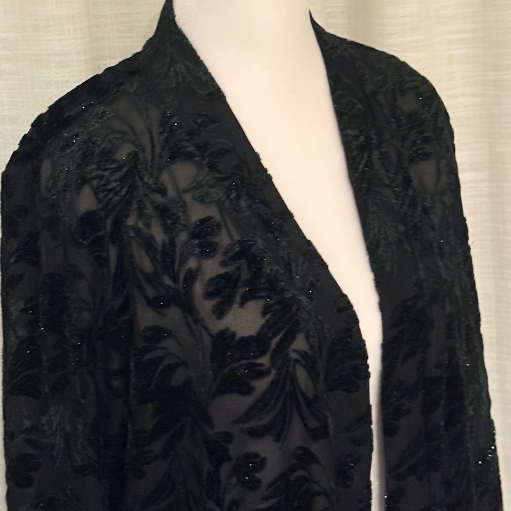 Susan Graver Occasion Cardigan MP Black Velvet Burnout Glitter Open Front Kimono - Picture 10 of 16
